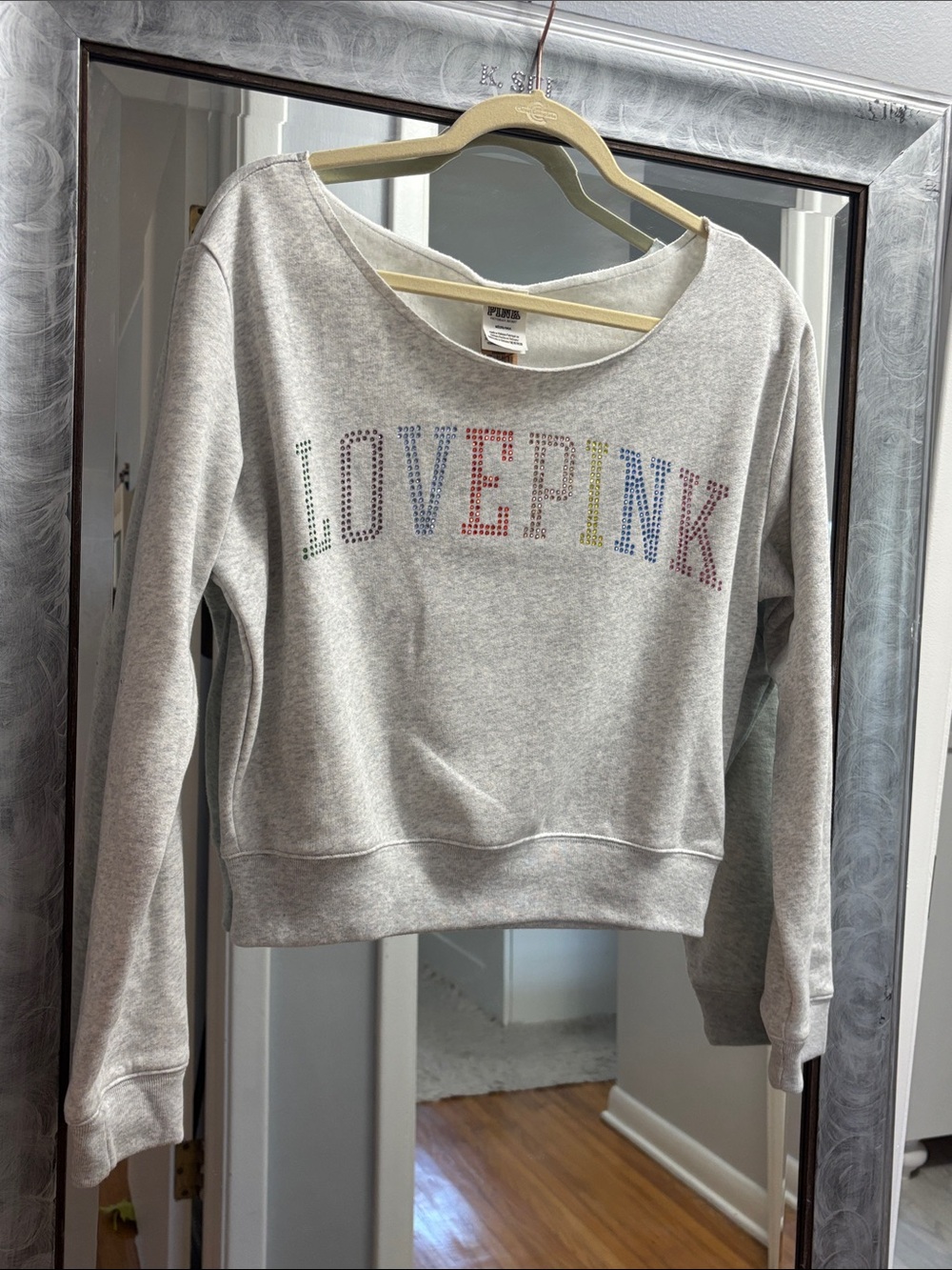 PINK Victoria's Secret Light Grey 'LOVE PINK' Multicolor Rhinestone Sweatshirt